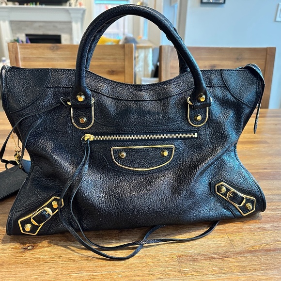 Balenciaga City Classic Metallic Edge Bag Medium Leather Black Gold Hardware - Picture 2 of 12